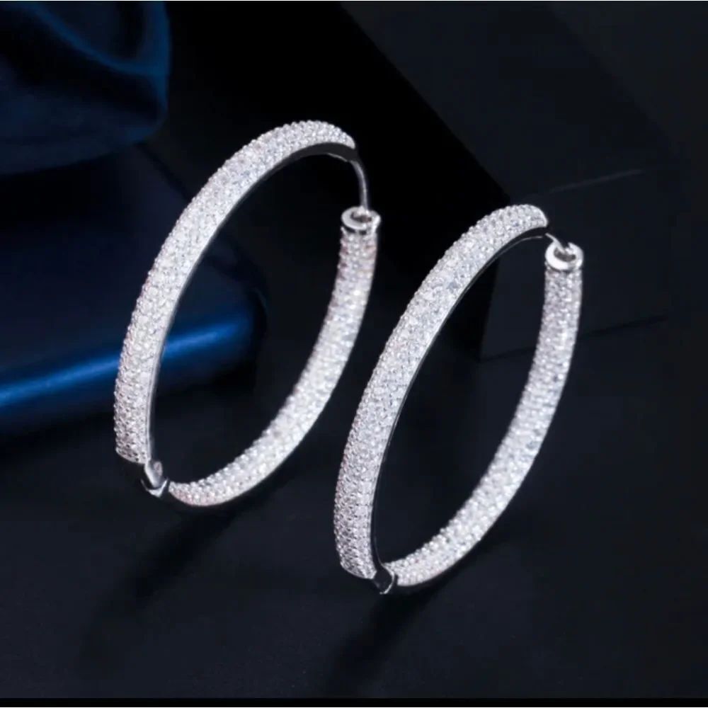 Silver Pave Diamond Hoop Earrings